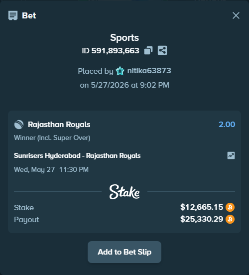 Bet slip: Sunrisers Hyderabad - Rajasthan Royals, $10,729.24 stake at 2.00 odds, placed by nitika63873