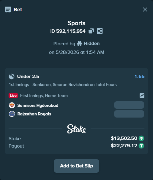 Bet slip: Sunrisers Hyderabad - Rajasthan Royals, $13,516.00 stake at 1.65 odds, placed by Hidden
