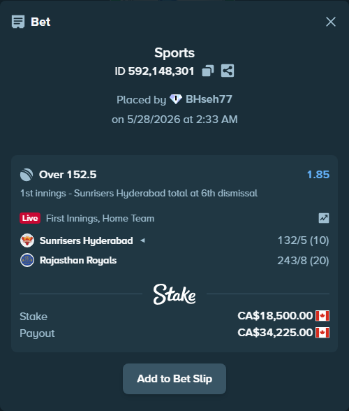 Bet slip: Sunrisers Hyderabad - Rajasthan Royals, $13,690.00 stake at 1.85 odds, placed by BHseh77