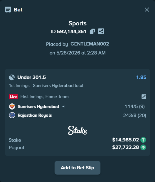 Bet slip: Sunrisers Hyderabad - Rajasthan Royals, $15,000.00 stake at 1.85 odds, placed by GENTLEMAN002