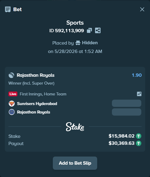 Bet slip: Sunrisers Hyderabad - Rajasthan Royals, $16,000.00 stake at 1.90 odds, placed by Hidden