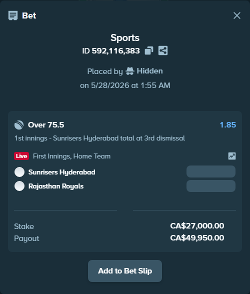 Bet slip: Sunrisers Hyderabad - Rajasthan Royals, $19,980.00 stake at 1.85 odds, placed by BHseh77