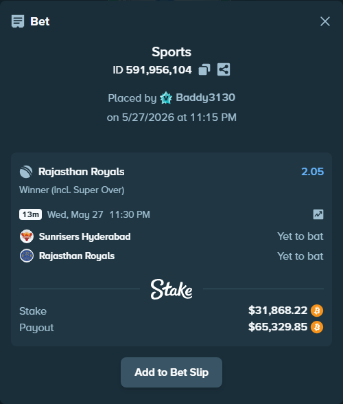 Bet slip: Sunrisers Hyderabad - Rajasthan Royals, $27,286.60 stake at 2.05 odds, placed by Baddy3130