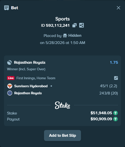 Bet slip: Sunrisers Hyderabad - Rajasthan Royals, $52,000.00 stake at 1.75 odds, placed by Hidden