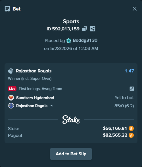 Bet slip: Sunrisers Hyderabad - Rajasthan Royals, $48,344.77 stake at 1.47 odds, placed by Baddy3130