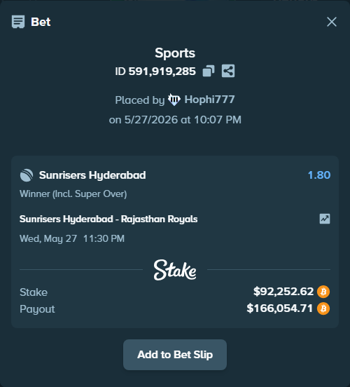 Bet slip: Sunrisers Hyderabad - Rajasthan Royals, $78,396.21 stake at 1.80 odds, placed by Hophi777