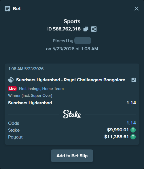 Bet slip: Sunrisers Hyderabad - Royal Challengers Bengaluru, $10,000.00 stake at 1.14 odds, placed by Raja6457