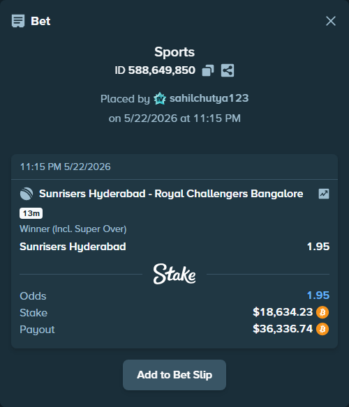 Bet slip: Sunrisers Hyderabad - Royal Challengers Bengaluru, $15,522.23 stake at 1.95 odds, placed by sahilchutya123