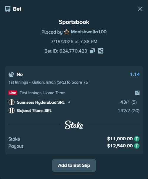 Bet slip: Sunrisers Hyderabad SRL - Gujarat Titans SRL, $11,000.00 stake at 1.14 odds, placed by Manishwalia100