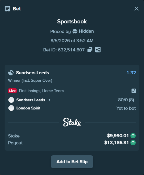 Bet slip: Sunrisers Leeds - London Spirit, $10,000.00 stake at 1.32 odds, placed by Raja6457