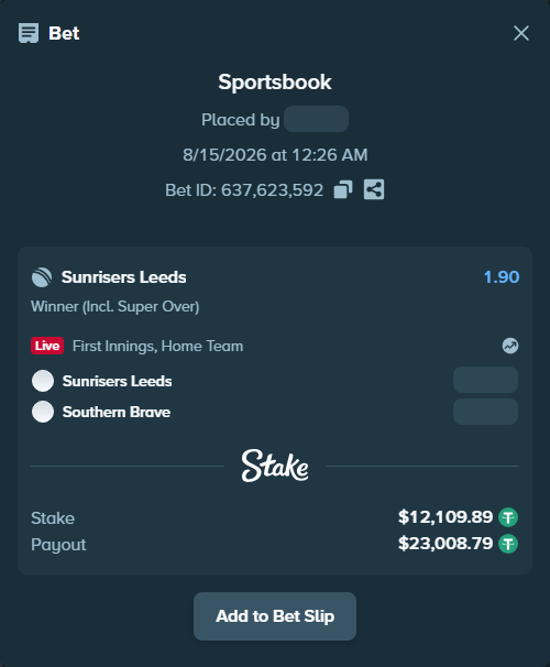 Bet slip: Sunrisers Leeds - Southern Brave, $12,122.00 stake at 1.90 odds, placed by Munni12300