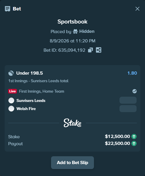 Bet slip: Sunrisers Leeds - Welsh Fire, $12,512.50 stake at 1.80 odds, placed by Hidden