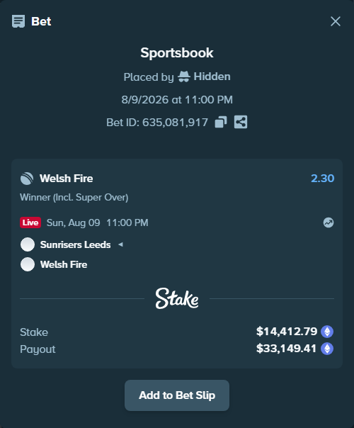 Bet slip: Sunrisers Leeds - Welsh Fire, $14,421.94 stake at 2.30 odds, placed by Hidden