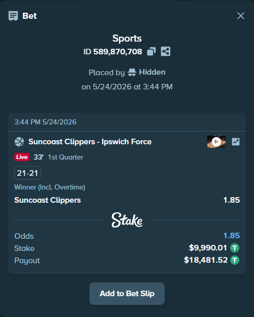 Bet slip: Sunshine Coast Phoenix - Ipswich Force, $10,000.00 stake at 1.85 odds, placed by Hidden