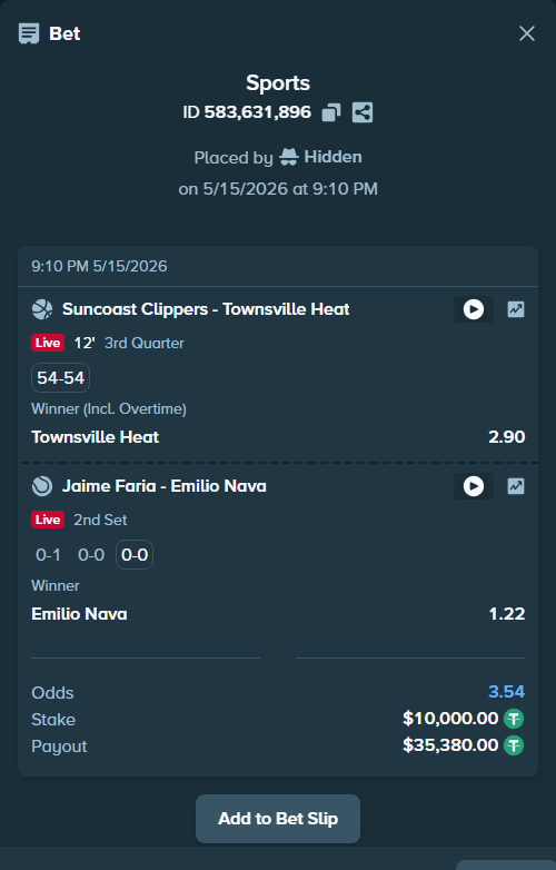 Bet slip: Sunshine Coast Phoenix - Townsville Heat, $10,000.00 stake at 2.90 odds, placed by Hidden
