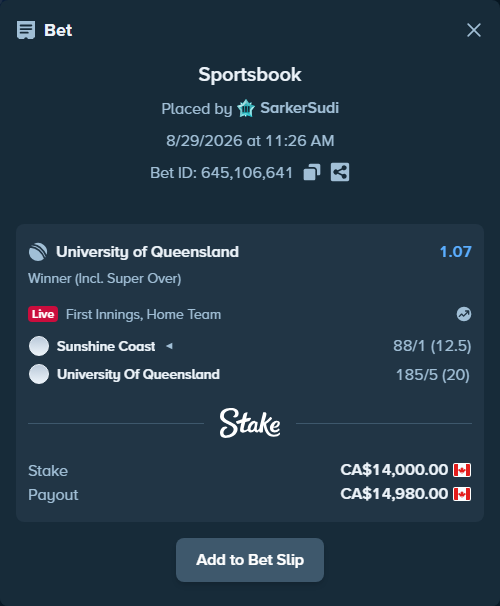 Bet slip: Sunshine Coast - University of Queensland, $10,360.00 stake at 1.07 odds, placed by SarkerSudi