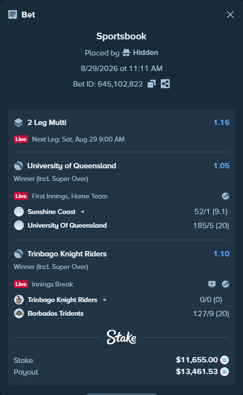 Bet slip: Sunshine Coast - University of Queensland, $11,589.37 stake at 1.05 odds, placed by Hidden