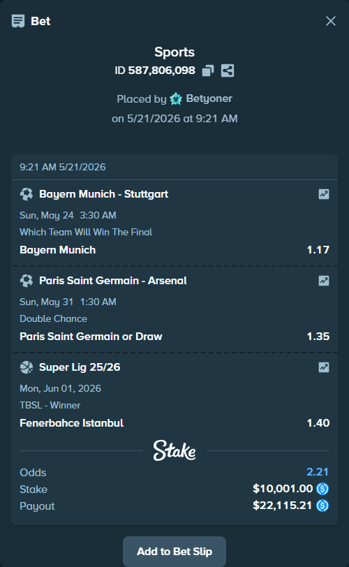 Bet slip: Super Lig 25/26, $10,001.00 stake at 1.40 odds, placed by Betyoner
