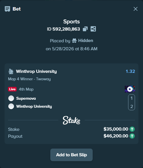Bet slip: Supernova - Winthrop University, $35,035.00 stake at 1.32 odds, placed by Hidden