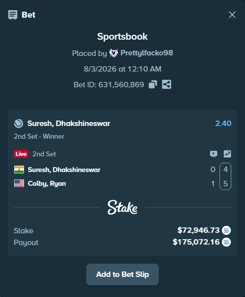 Bet slip: Suresh, Dhakshineswar - Colby, Ryan, $72,571.22 stake at 2.40 odds, placed by Prettylfacko98