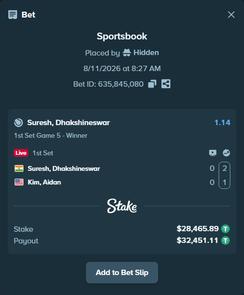 Bet slip: Suresh, Dhakshineswar - Kim, Aidan, $28,494.35 stake at 1.14 odds, placed by Hidden