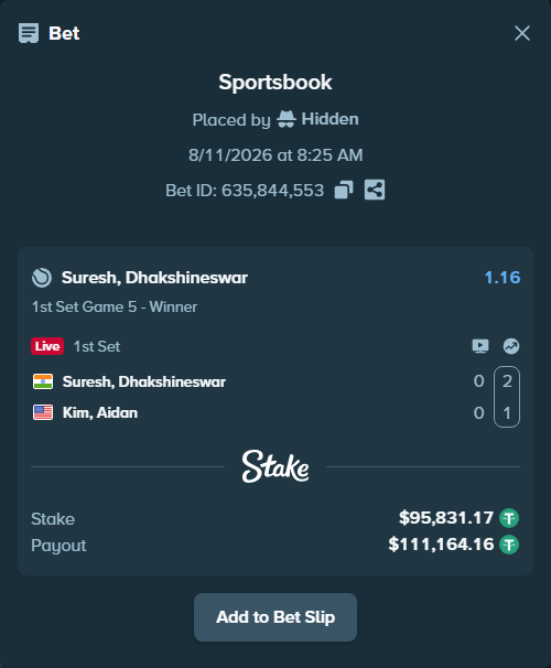 Bet slip: Suresh, Dhakshineswar - Kim, Aidan, $95,927.00 stake at 1.16 odds, placed by Hidden