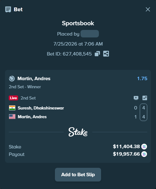 Bet slip: Suresh, Dhakshineswar - Martin, Andres, $11,254.51 stake at 1.75 odds, placed by Richboyquan