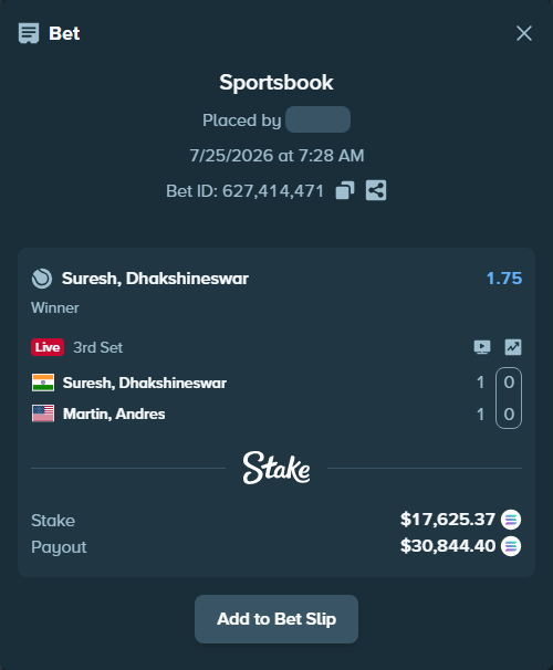 Bet slip: Suresh, Dhakshineswar - Martin, Andres, $17,368.13 stake at 1.75 odds, placed by Richboyquan