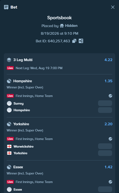 Bet slip: Surrey - Hampshire, $25,000.00 stake at 1.35 odds, placed by Hidden