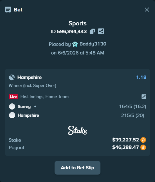 Bet slip: Surrey - Hampshire, $41,814.50 stake at 1.18 odds, placed by Baddy3130