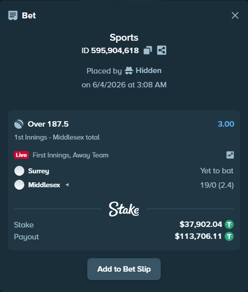 Bet slip: Surrey - Middlesex, $37,939.94 stake at 3.00 odds, placed by Hidden