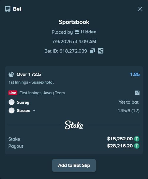 Bet slip: Surrey - Sussex, $15,267.25 stake at 1.85 odds, placed by Hidden