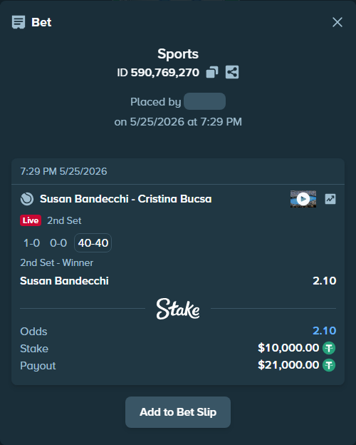 Bet slip: Susan Bandecchi - Cristina Bucsa, $10,010.00 stake at 2.10 odds, placed by Horodek95