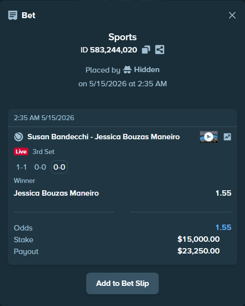 Bet slip: Susan Bandecchi - Jessica Bouzas Maneiro, $15,000.00 stake at 1.55 odds, placed by TheEarlinGrey