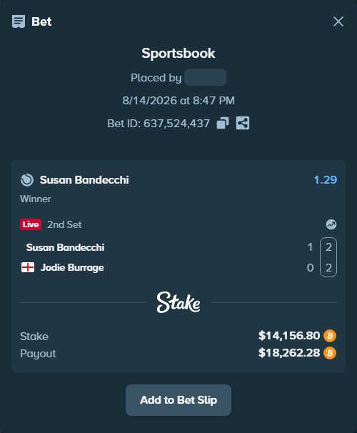 Bet slip: Susan Bandecchi - Jodie Burrage, $14,189.36 stake at 1.29 odds, placed by messrjaysr