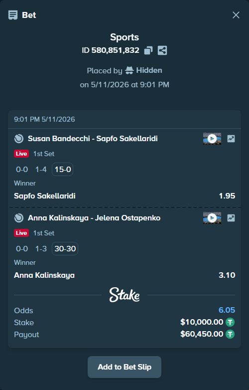Bet slip: Susan Bandecchi - Sapfo Sakellaridi, $10,000.00 stake at 1.95 odds, placed by Hidden