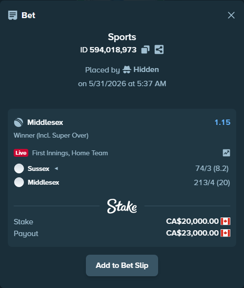 Bet slip: Sussex - Middlesex, $14,800.00 stake at 1.15 odds, placed by Hidden