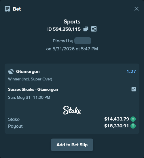 Bet slip: Sussex Sharks - Glamorgan, $14,448.22 stake at 1.27 odds, placed by mridul365365