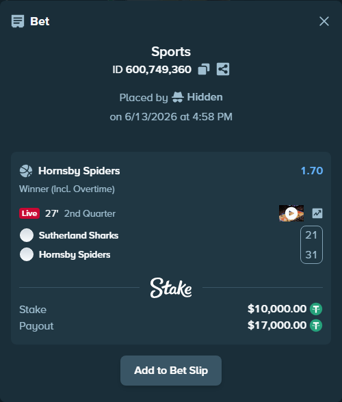 Bet slip: Sutherland Sharks - Hornsby Spiders, $10,010.00 stake at 1.70 odds, placed by Hidden