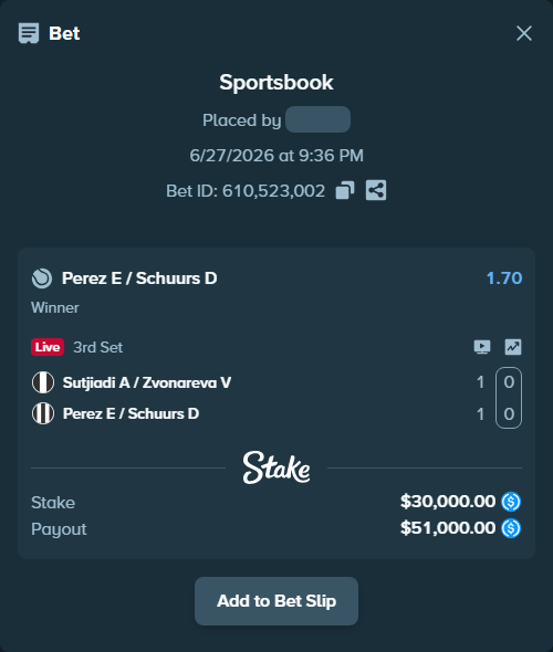 Bet slip: Sutjiadi A / Zvonareva V - Perez E / Schuurs D, $30,000.00 stake at 1.70 odds, placed by piropiro12