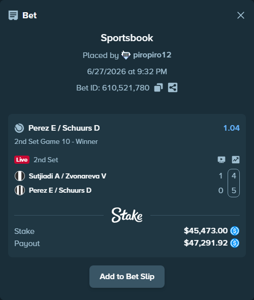 Bet slip: Sutjiadi A / Zvonareva V - Perez E / Schuurs D, $45,473.00 stake at 1.04 odds, placed by piropiro12