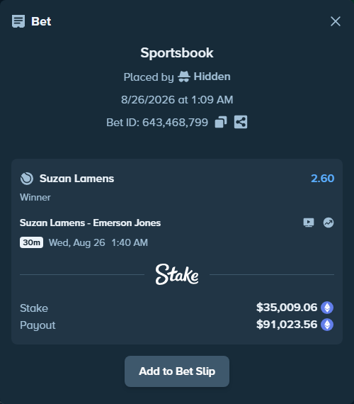 Bet slip: Suzan Lamens - Emerson Jones, $34,798.29 stake at 2.60 odds, placed by Hidden