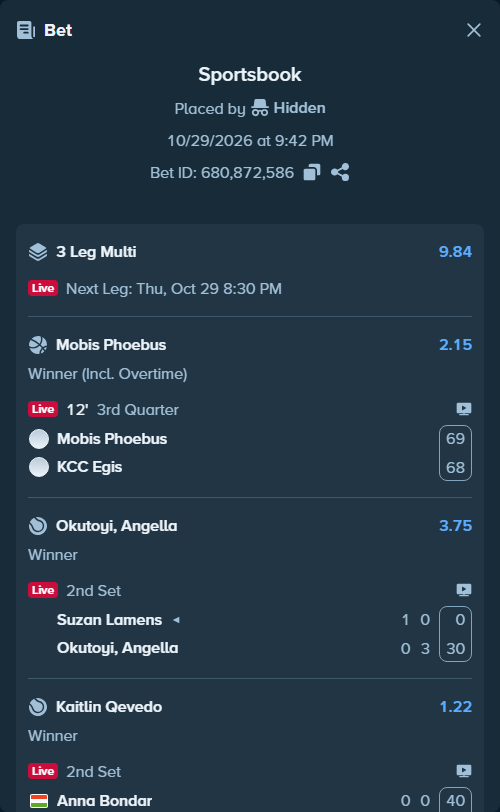 Bet slip: Suzan Lamens - Okutoyi, Angella, $10,000.00 stake at 3.75 odds, placed by Hidden