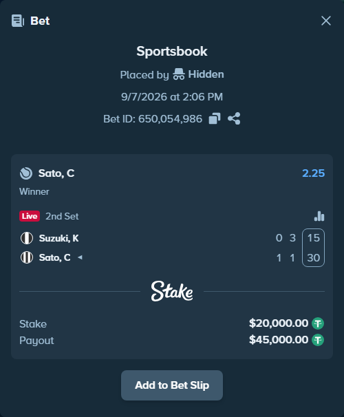 Bet slip: Suzuki, K - Sato, C, $20,000.00 stake at 2.25 odds, placed by Hidden