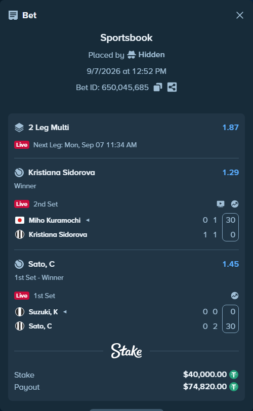 Bet slip: Suzuki, K - Sato, C, $40,000.00 stake at 1.45 odds, placed by Hidden