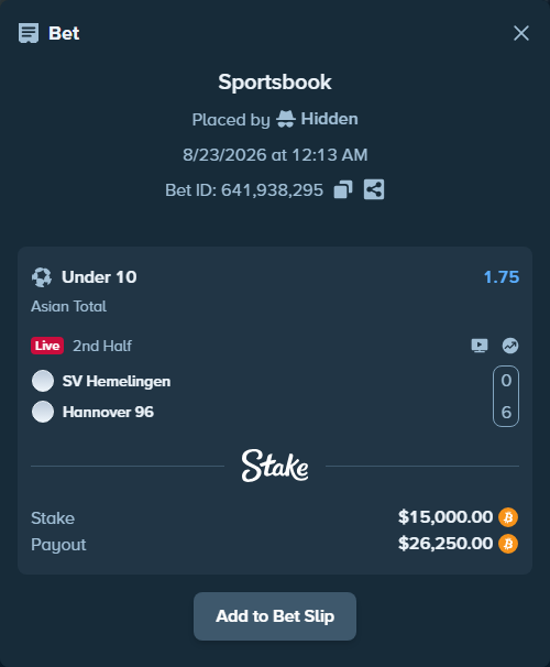 Bet slip: SV Hemelingen - Hannover 96, $14,960.44 stake at 1.75 odds, placed by Hidden