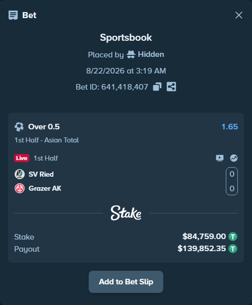 Bet slip: SV Ried - Grazer AK 1902, $84,759.00 stake at 1.65 odds, placed by Hidden