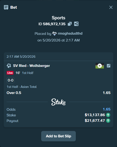 Bet slip: SV Ried - Wolfsberger, $13,151.00 stake at 1.65 odds, placed by rmaghsdudthd
