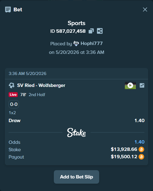 Bet slip: SV Ried - Wolfsberger, $11,640.39 stake at 1.40 odds, placed by Hophi777
