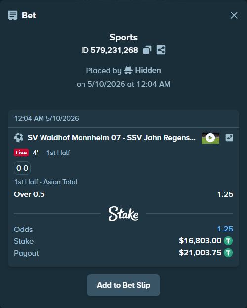 Bet slip: SV Waldhof Mannheim 07 - Jahn Regensburg, $16,803.00 stake at 1.25 odds, placed by Hidden
